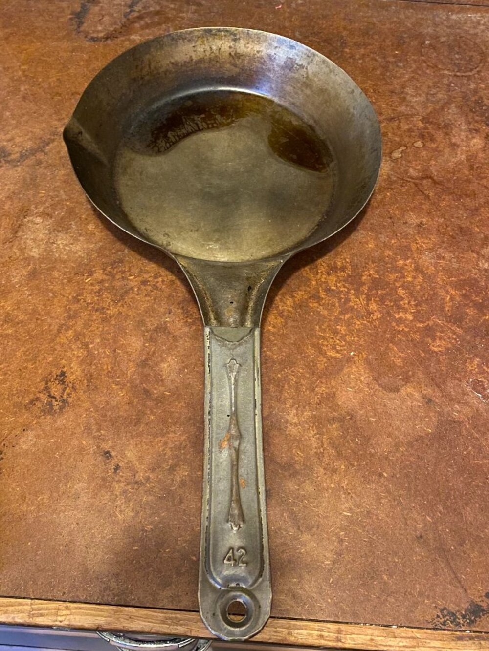 Antique Cold Handle Cowboy Pan Metal Skillet 9" #42 Arrows Country Cooking